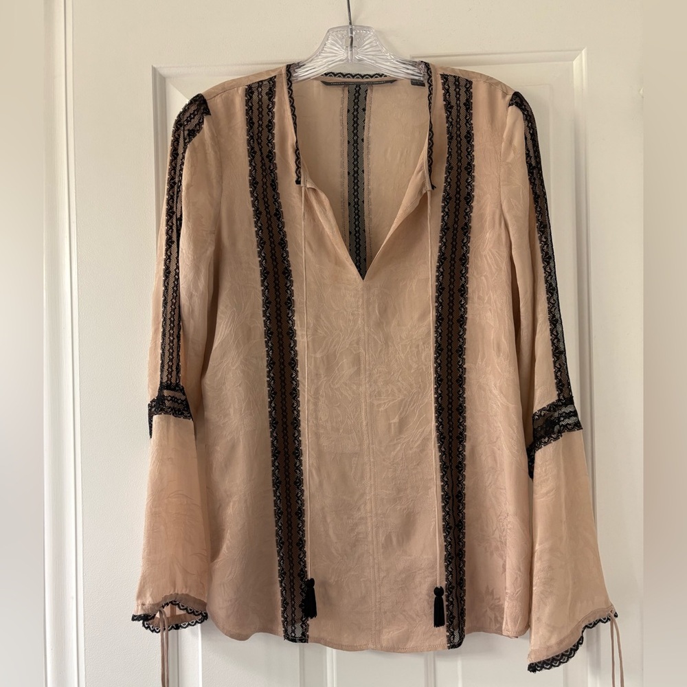 Cynthia Vincent Tan and Black Lace Embellished Blouse/Tunic (S)